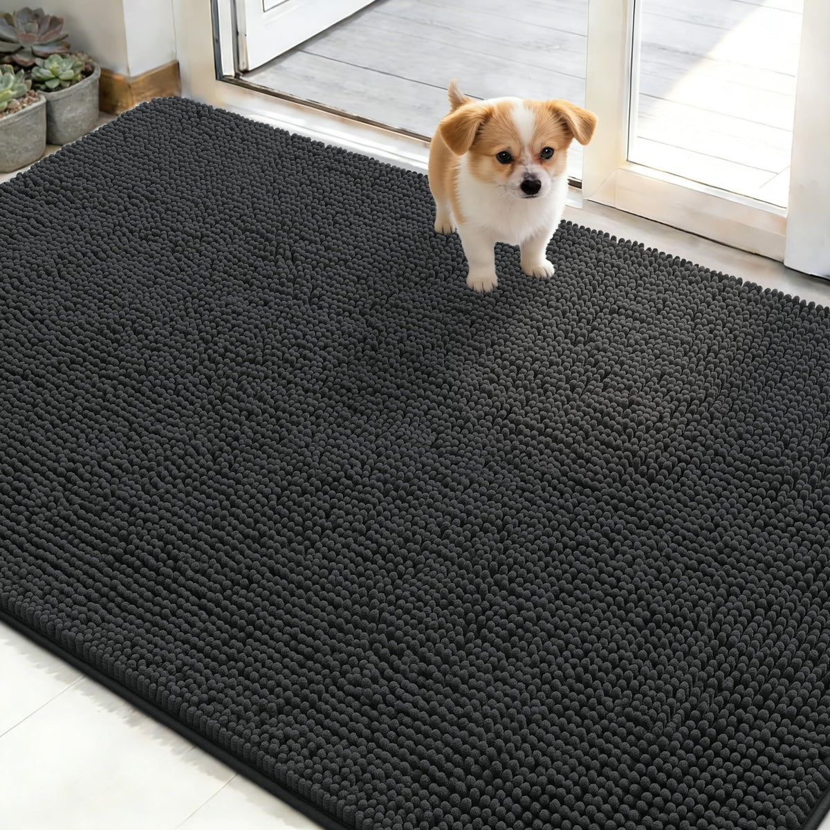 OLANLY dog door mat muddy paws close-up shows plush chenille for warm entryways.