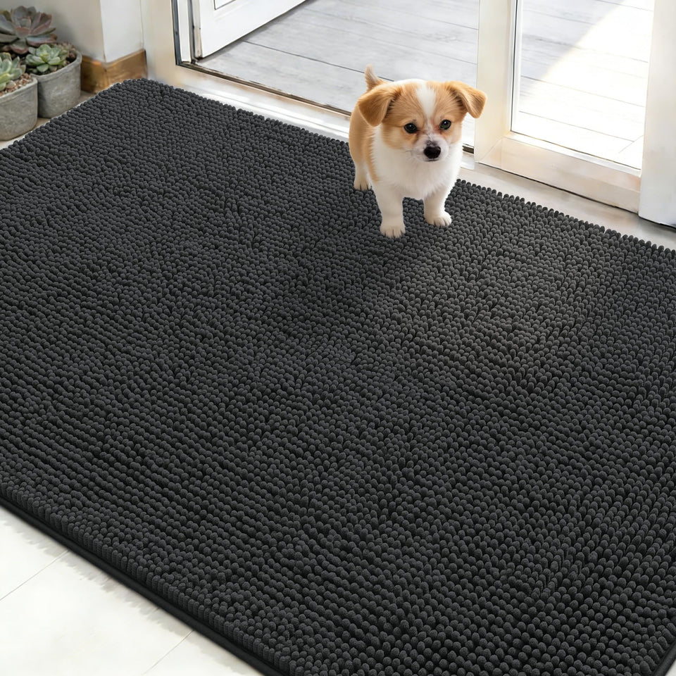 OLANLY dog door mat muddy paws close-up shows plush chenille for warm entryways.