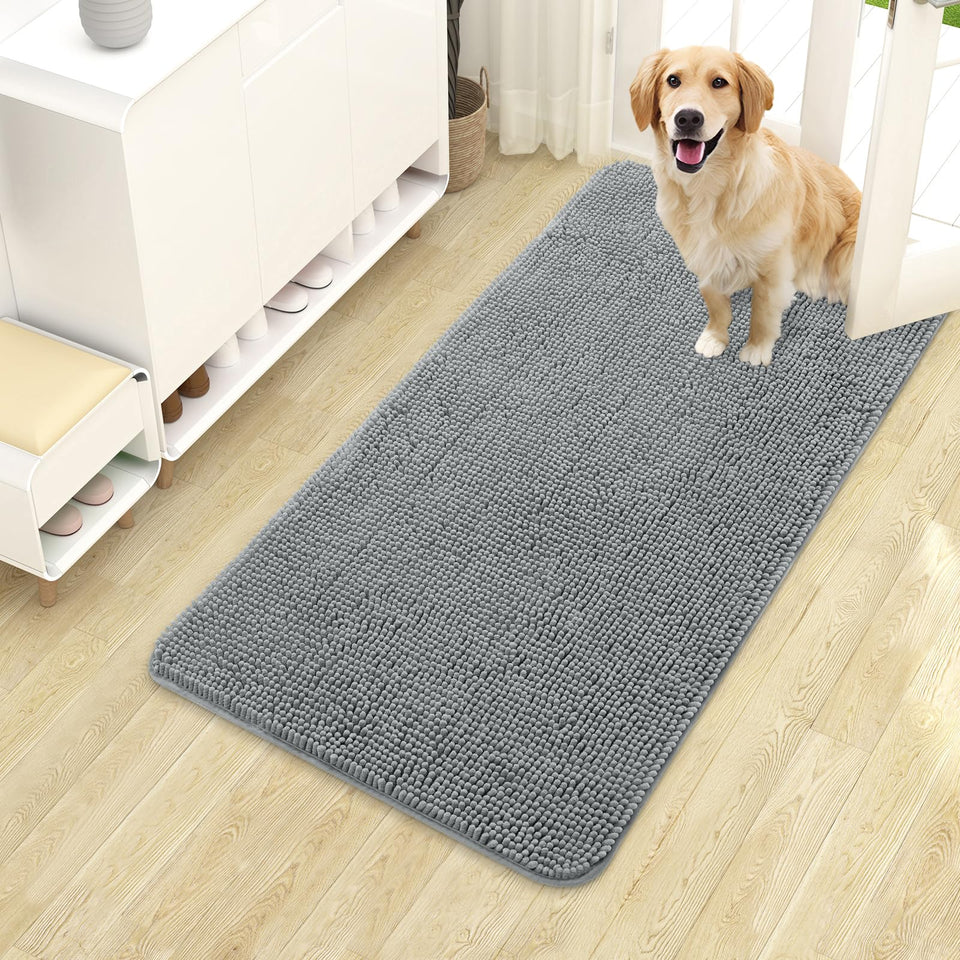 OLANLY dog door mat shows muddy paws on plush chenille for cozy entry