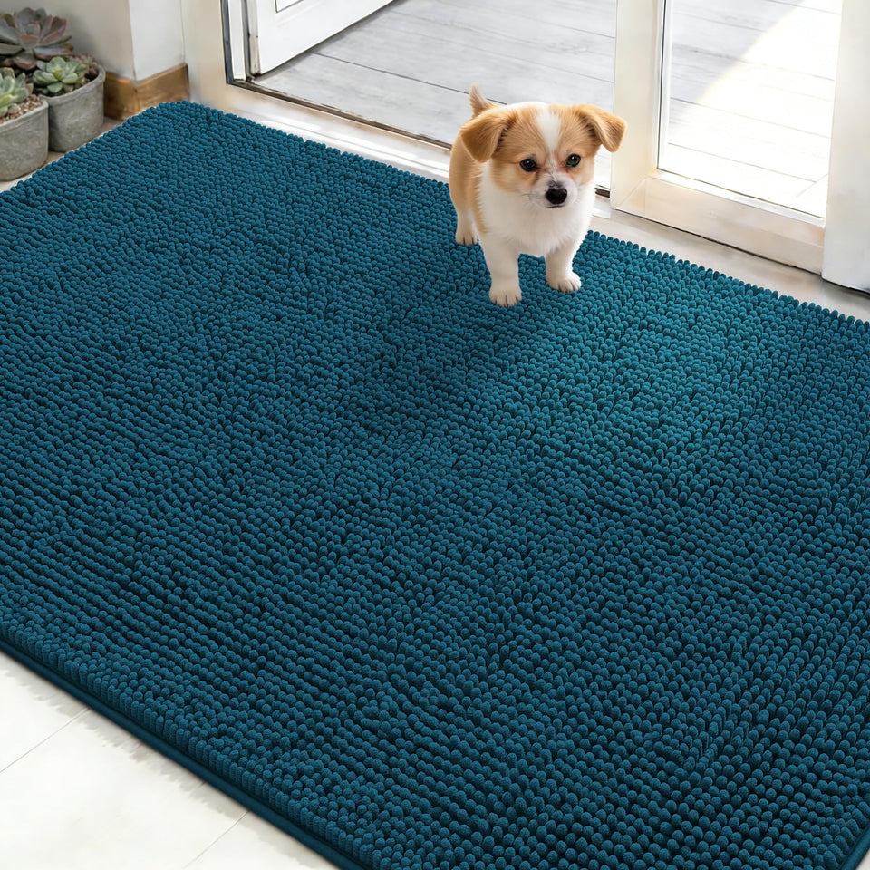 OLANLY dog door mat with soft chenille captures muddy paw prints for a cozy entry.