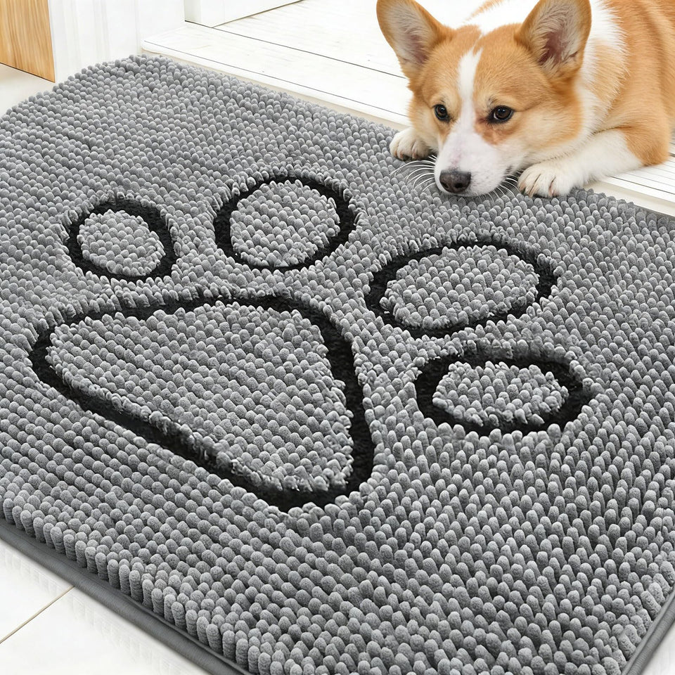 OLANLY dog door mat with muddy paws design absorbs moisture to keep entry floors dry.