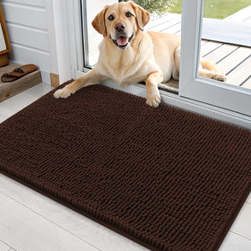 OLANLY dog door mat showing muddy paws; plush chenille adds comfort at the entry and dries paws