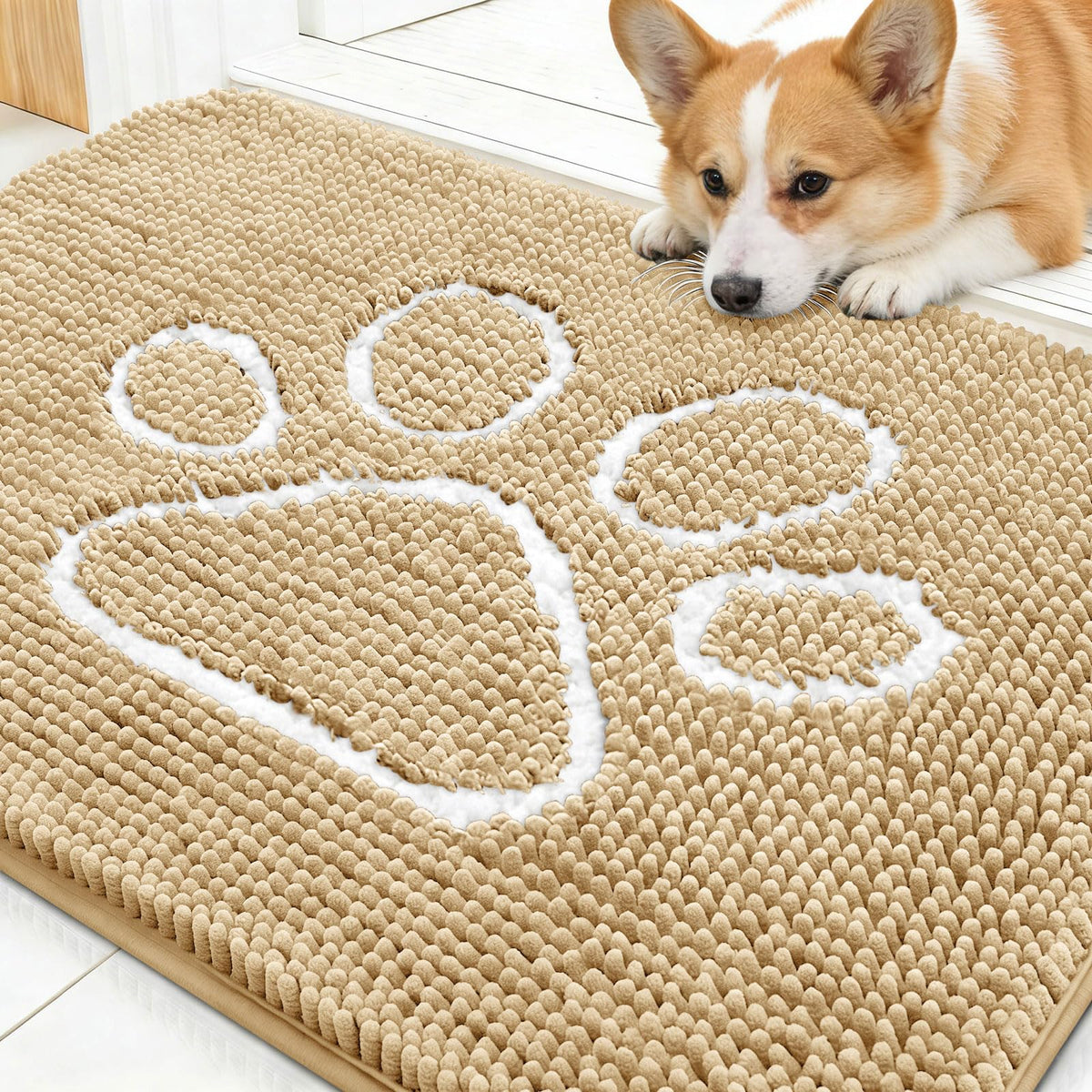 OLANLY dog door mat with paw print design in beige keeps entry clean.