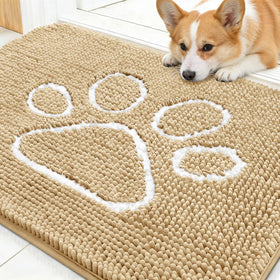 OLANLY dog door mat with paw print design in beige keeps entry clean.
