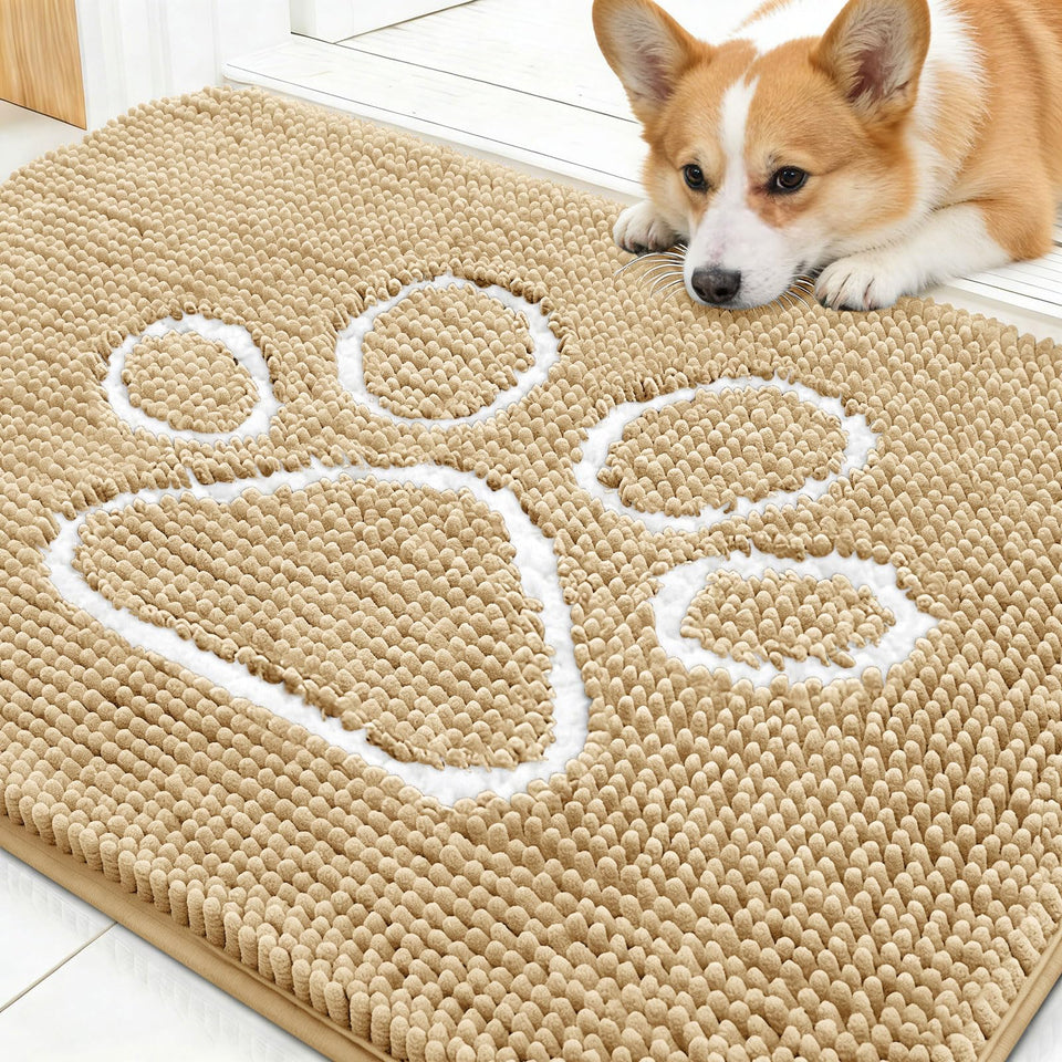 OLANLY dog door mat with paw print design in beige keeps entry clean.