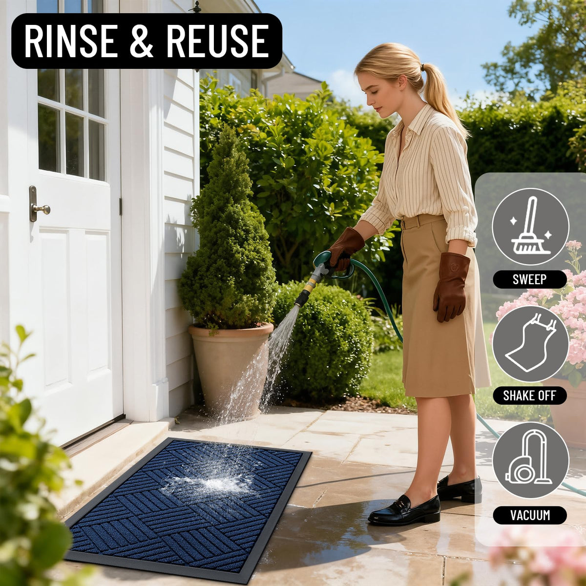 OLANLY navy diamond mat resists stains and fading over time.