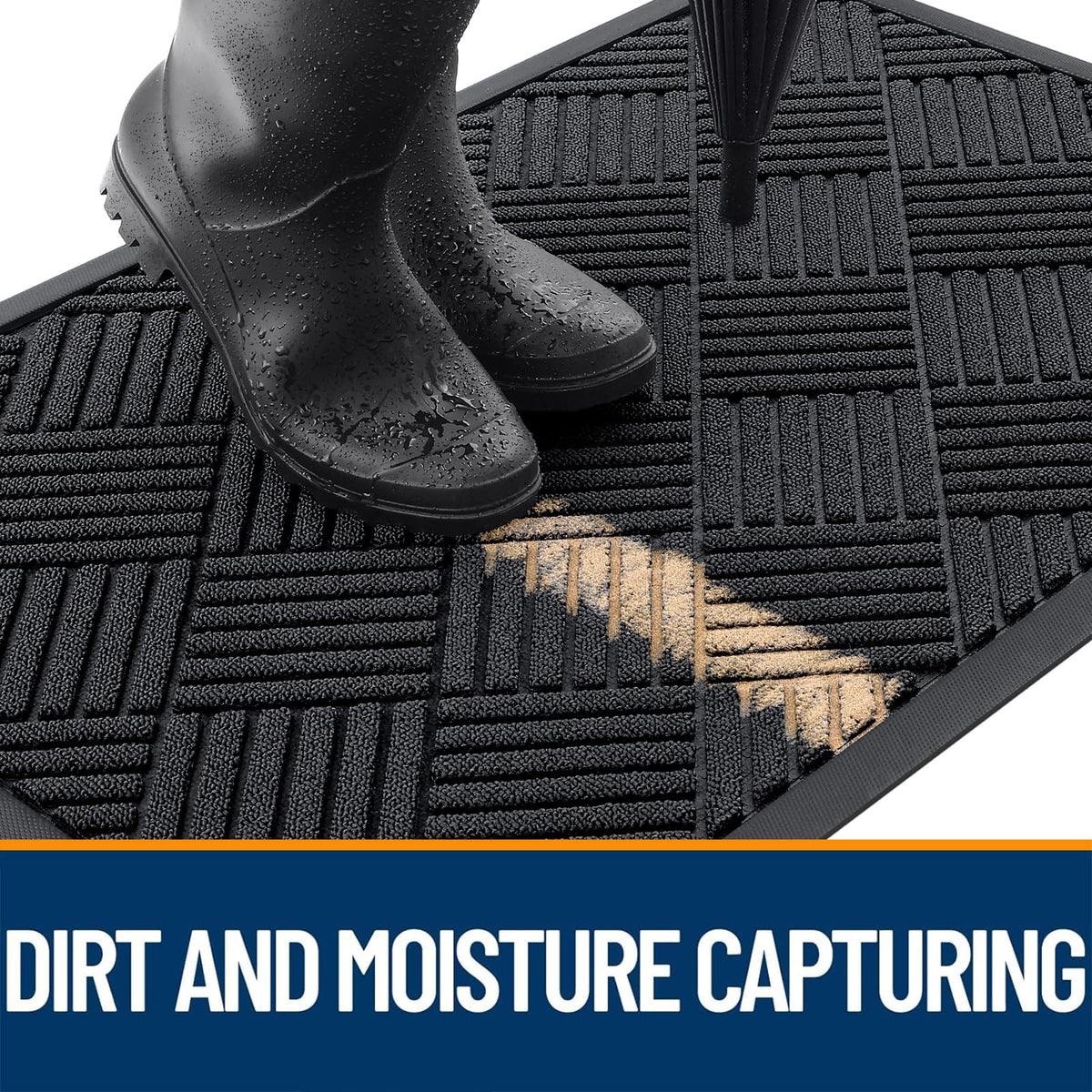 OLANLY doormat features beveled edge for moisture containment.
