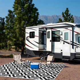 OLANLY outdoor rug drains liquids and rinses clean with a hose.