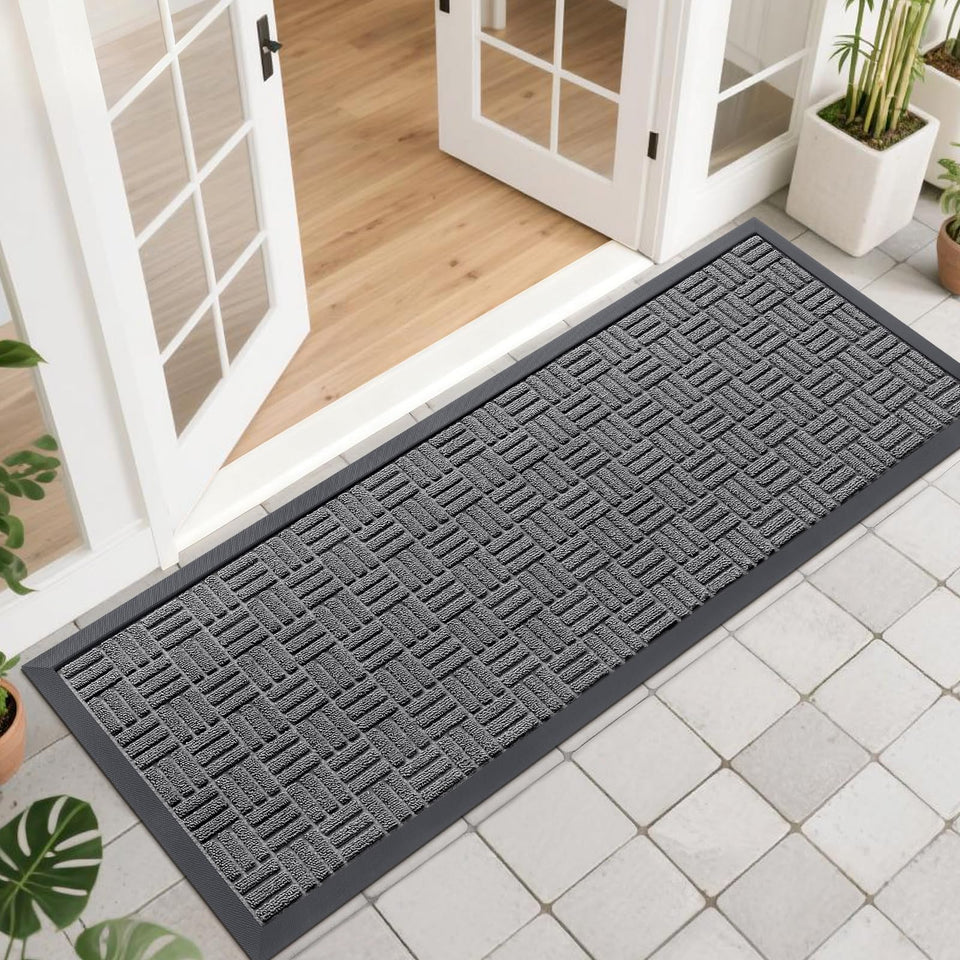 OLANLY front door mat with absorbent surface captures dirt at the threshold.