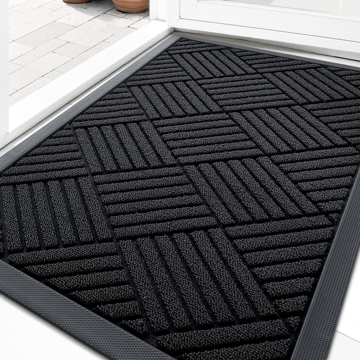 OLANLY front door mat with absorbent surface traps dirt and moisture.