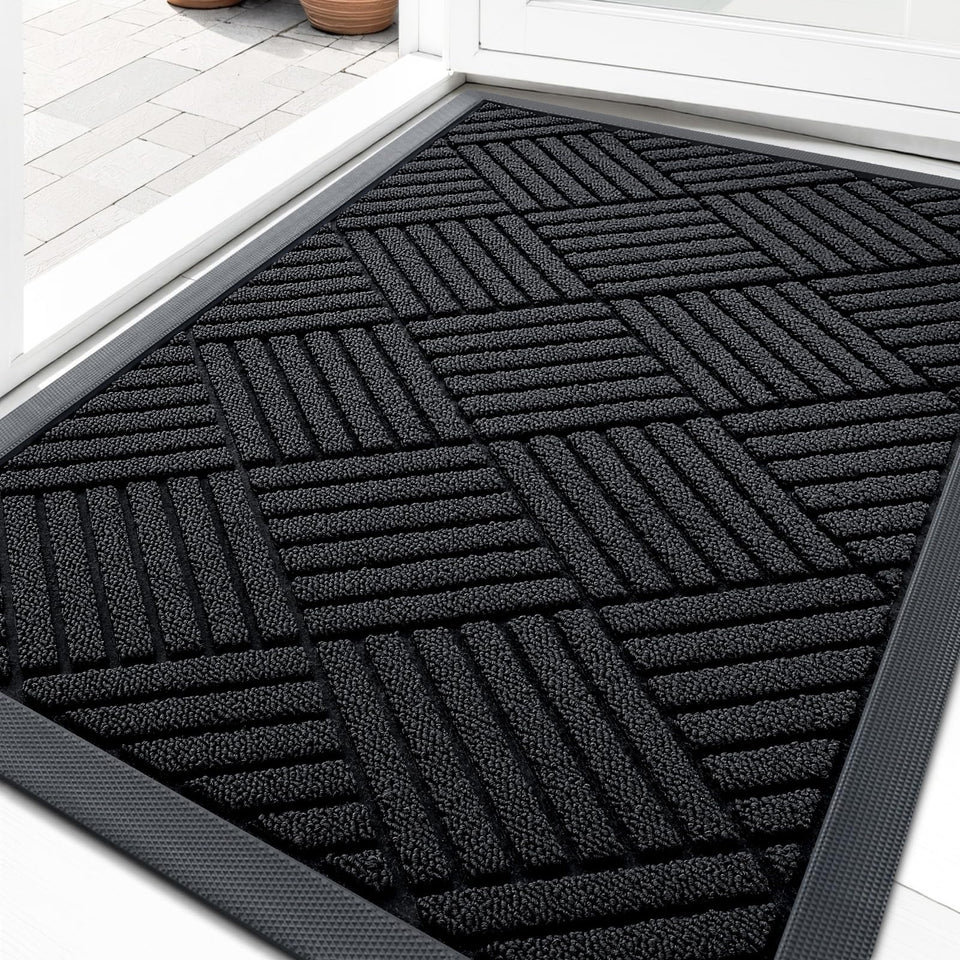 OLANLY front door mat with absorbent surface traps dirt and moisture.