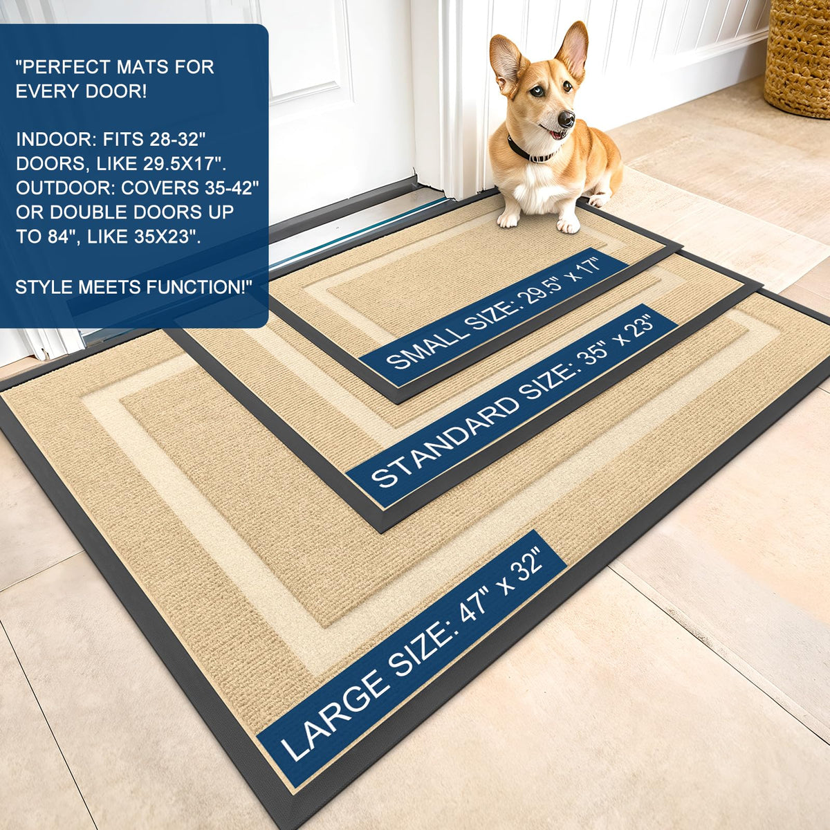 OLANLY front door mat beige heavy-duty natural rubber backing provides durability and stability.