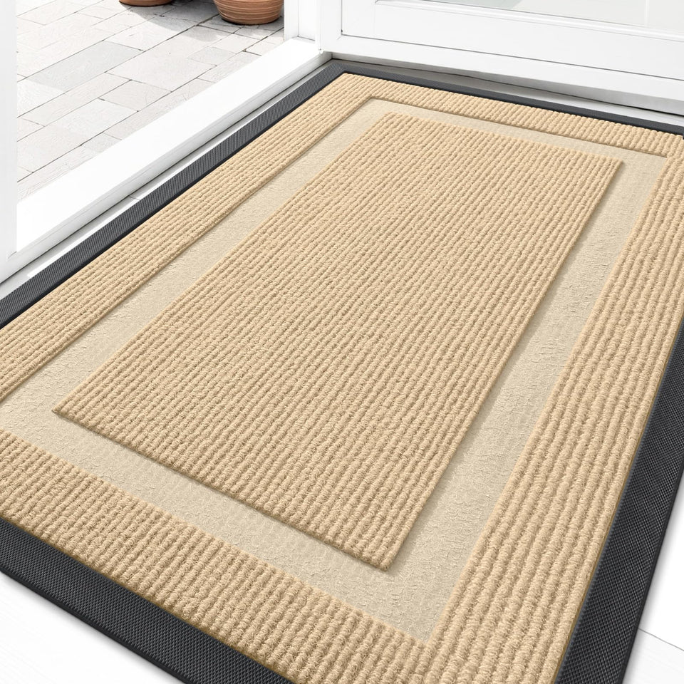 OLANLY front door mat beige topside weave that captures dirt and moisture.