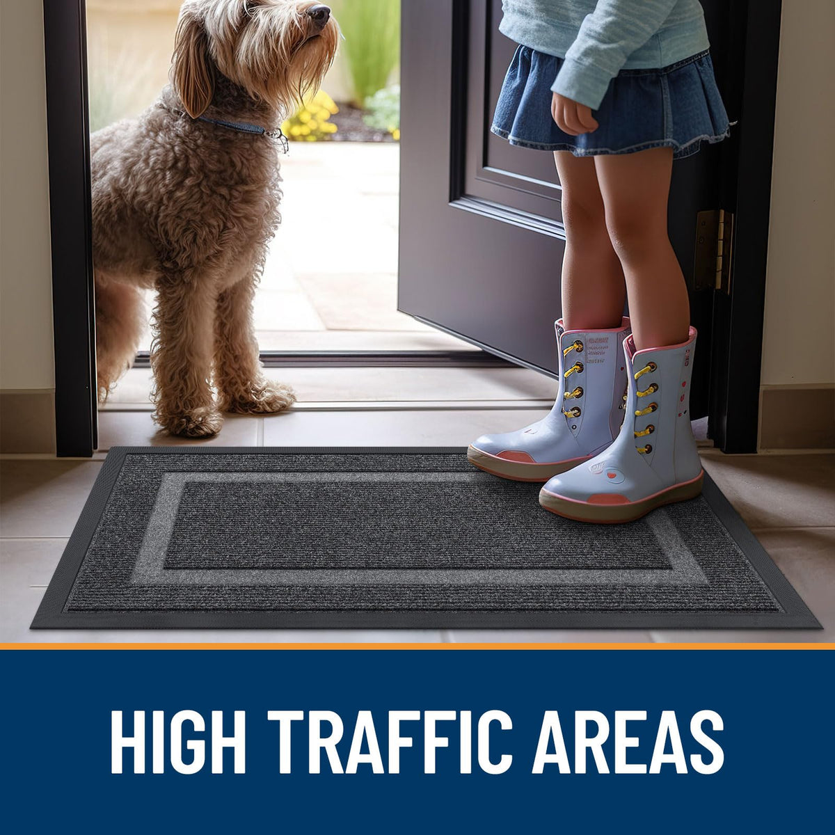OLANLY door mat-grey-29-5x17 complements exteriors while hiding dirt between cleanings