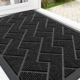 OLANLY front door mat in herringbone brick black with low-profile design for easy door passage and clean entryways.