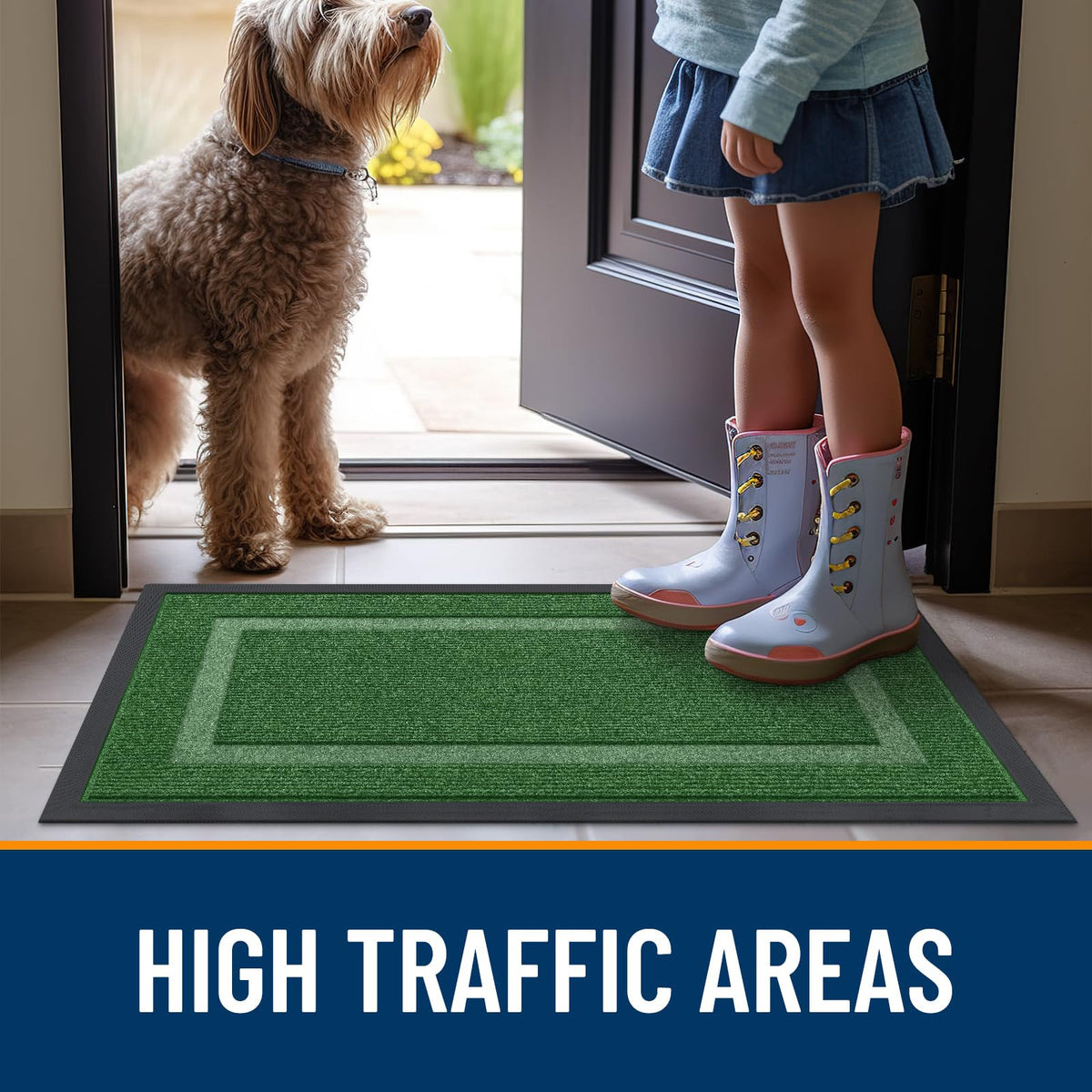 OLANLY front door mat suitable for high-traffic areas like porches and entryways.