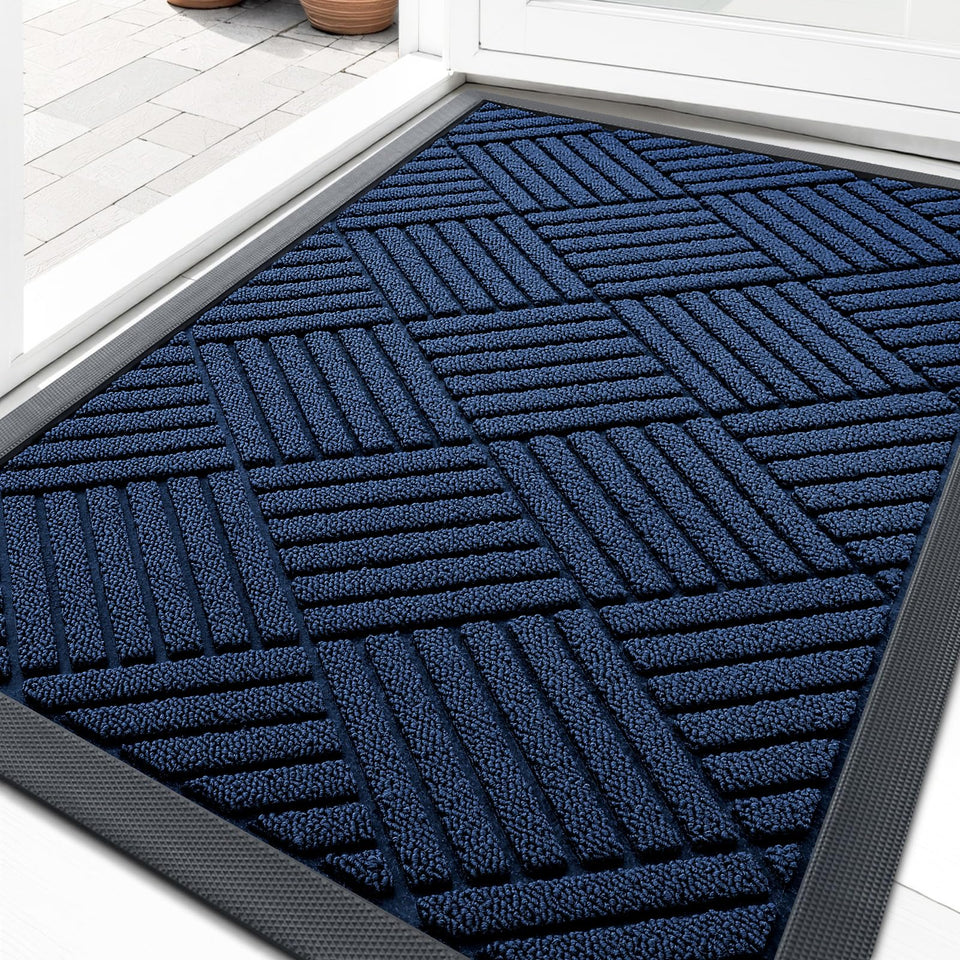 OLANLY front door mat with navy diamond pattern traps dirt and moisture.