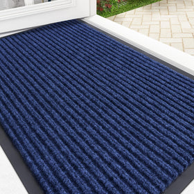 OLANLY front door mat with vertical blue stripe for timeless entryway style.