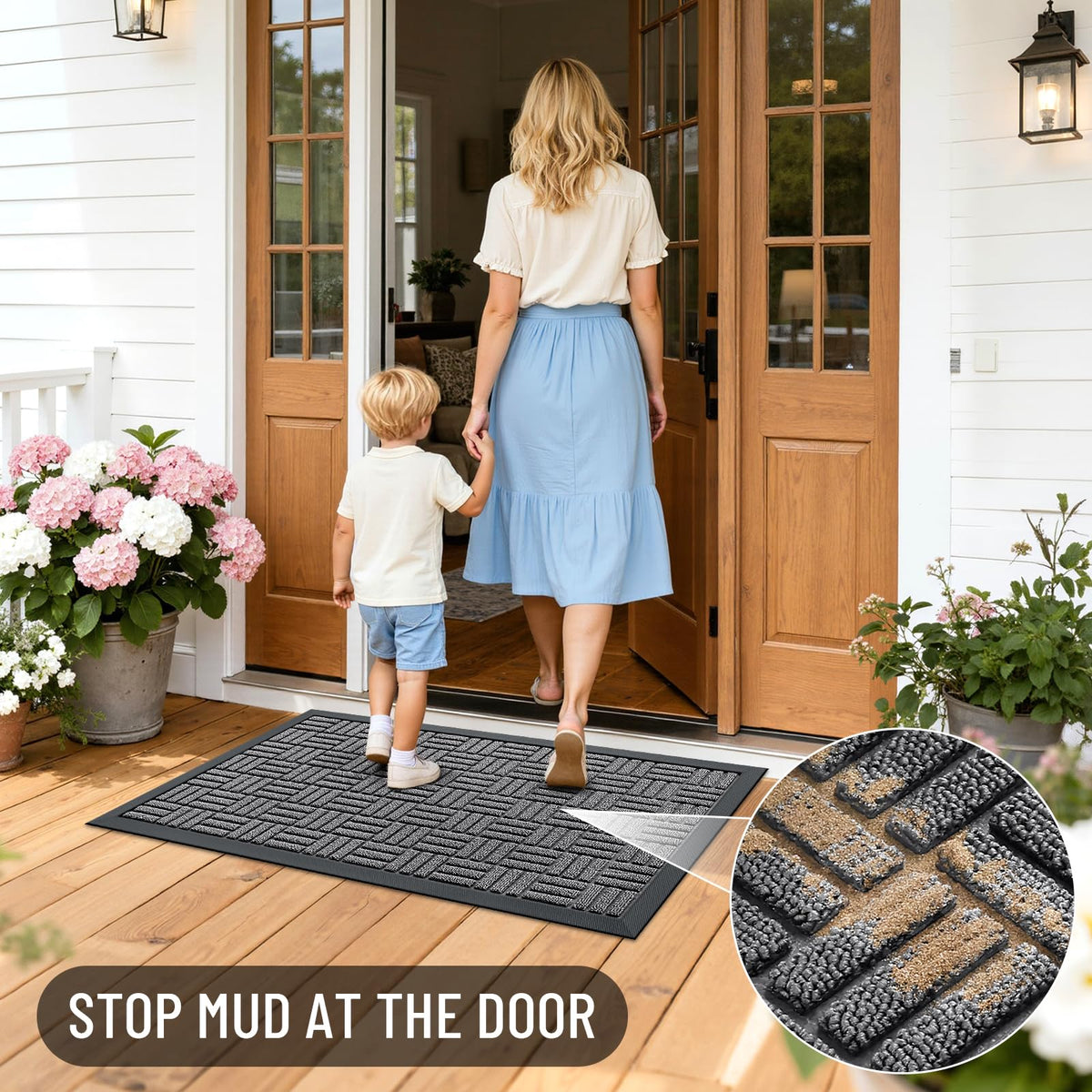 OLANLY grey front door mat with beveled edge drains water efficiently.