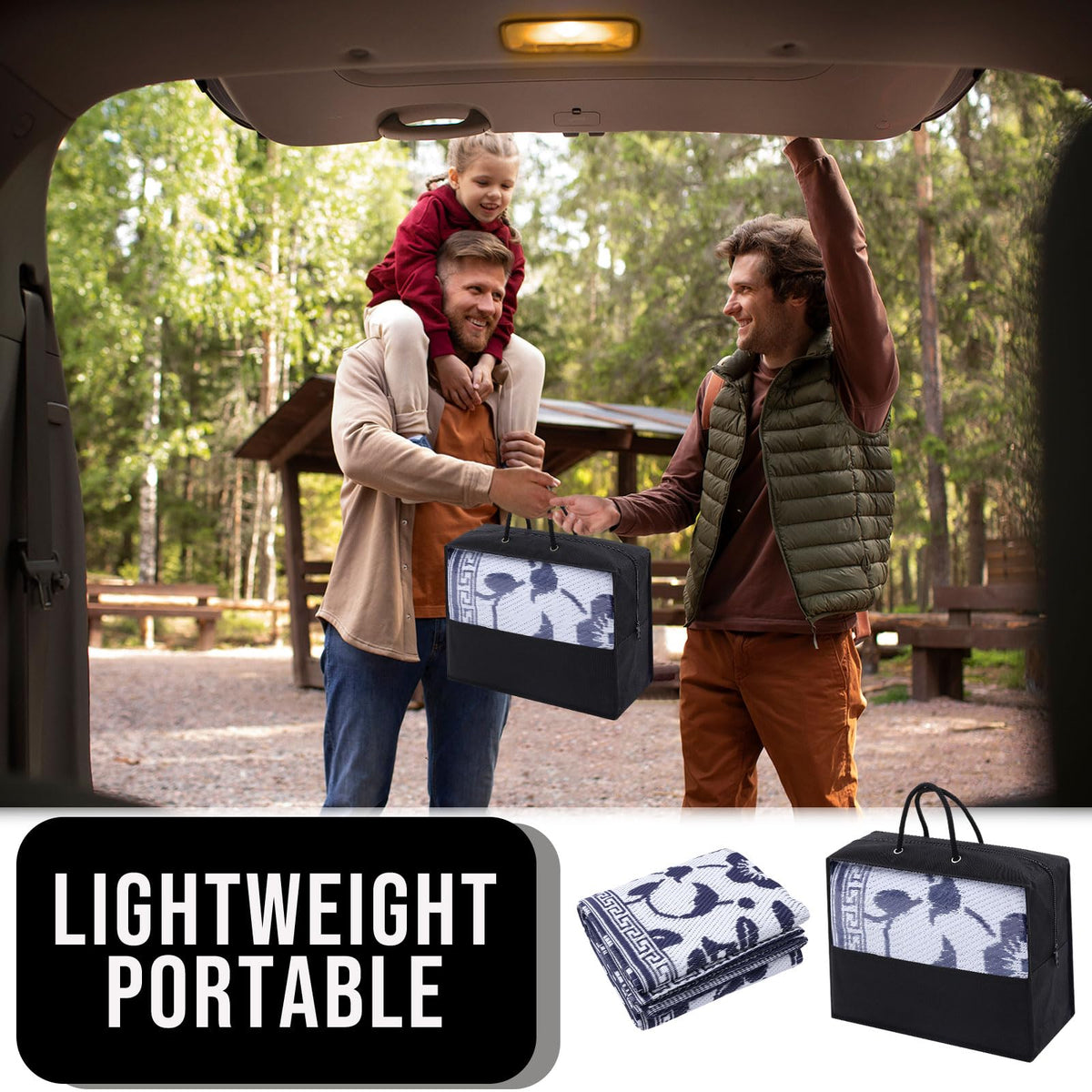 OLANLY lightweight rug includes carrying case for easy transport to RV trips.