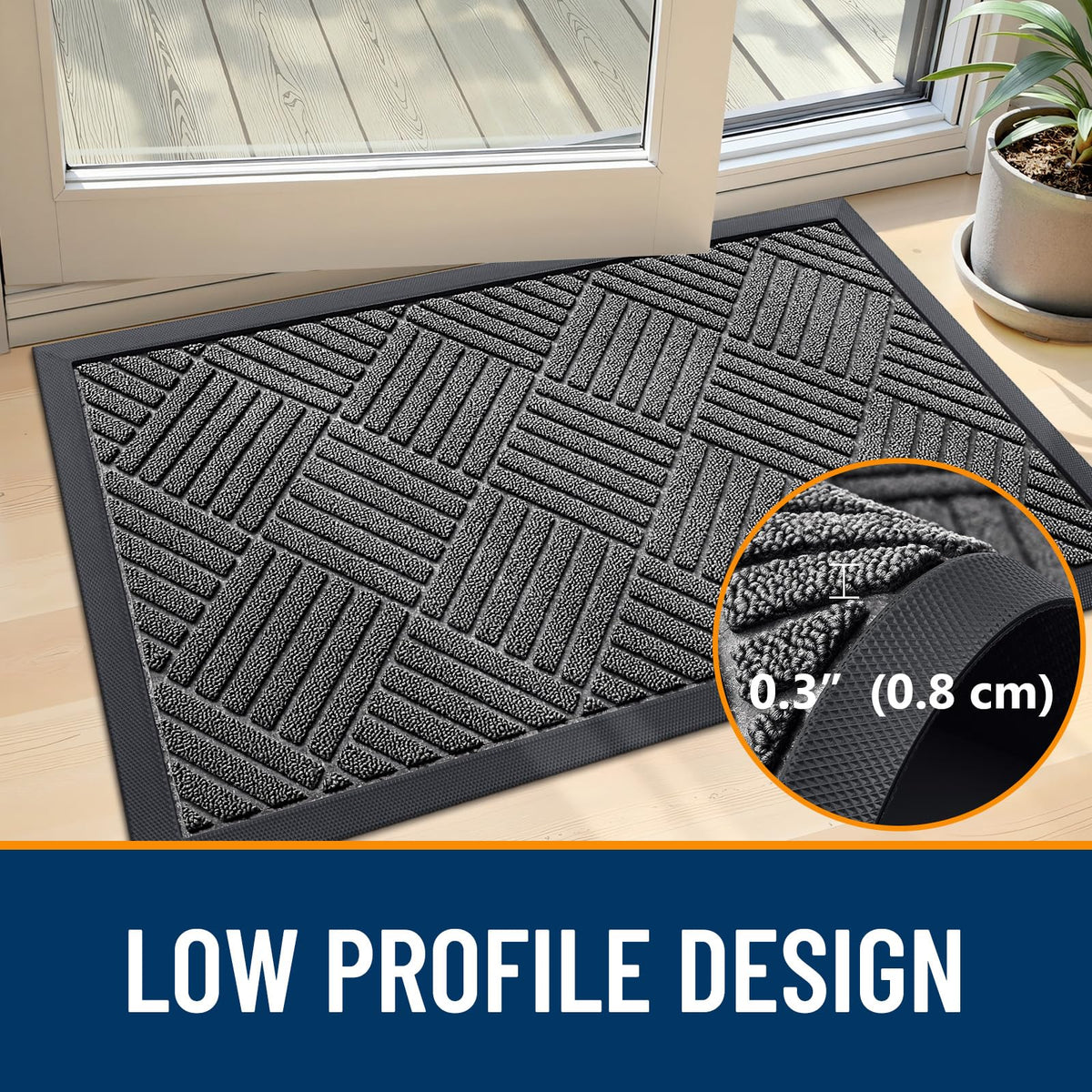 OLANLY mat raised-edge design contains moisture to prevent pooling near entry.