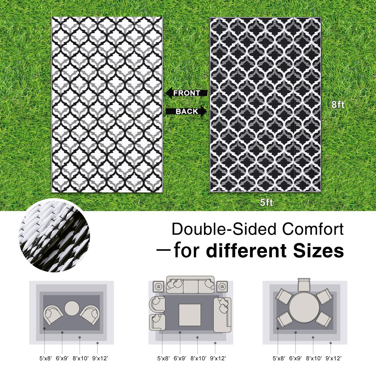 OLANLY outdoor rug 5x8 showing two-pose design for patio use and versatility.