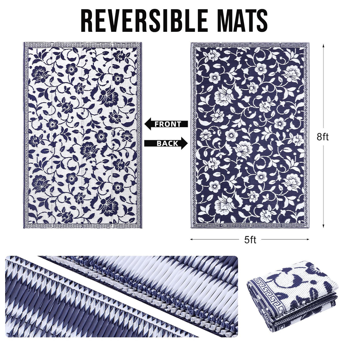 OLANLY reversible outdoor rug showing navy and white florals for versatile deck or balcony décor.