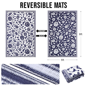 OLANLY reversible outdoor rug showing navy and white florals for versatile deck or balcony décor.