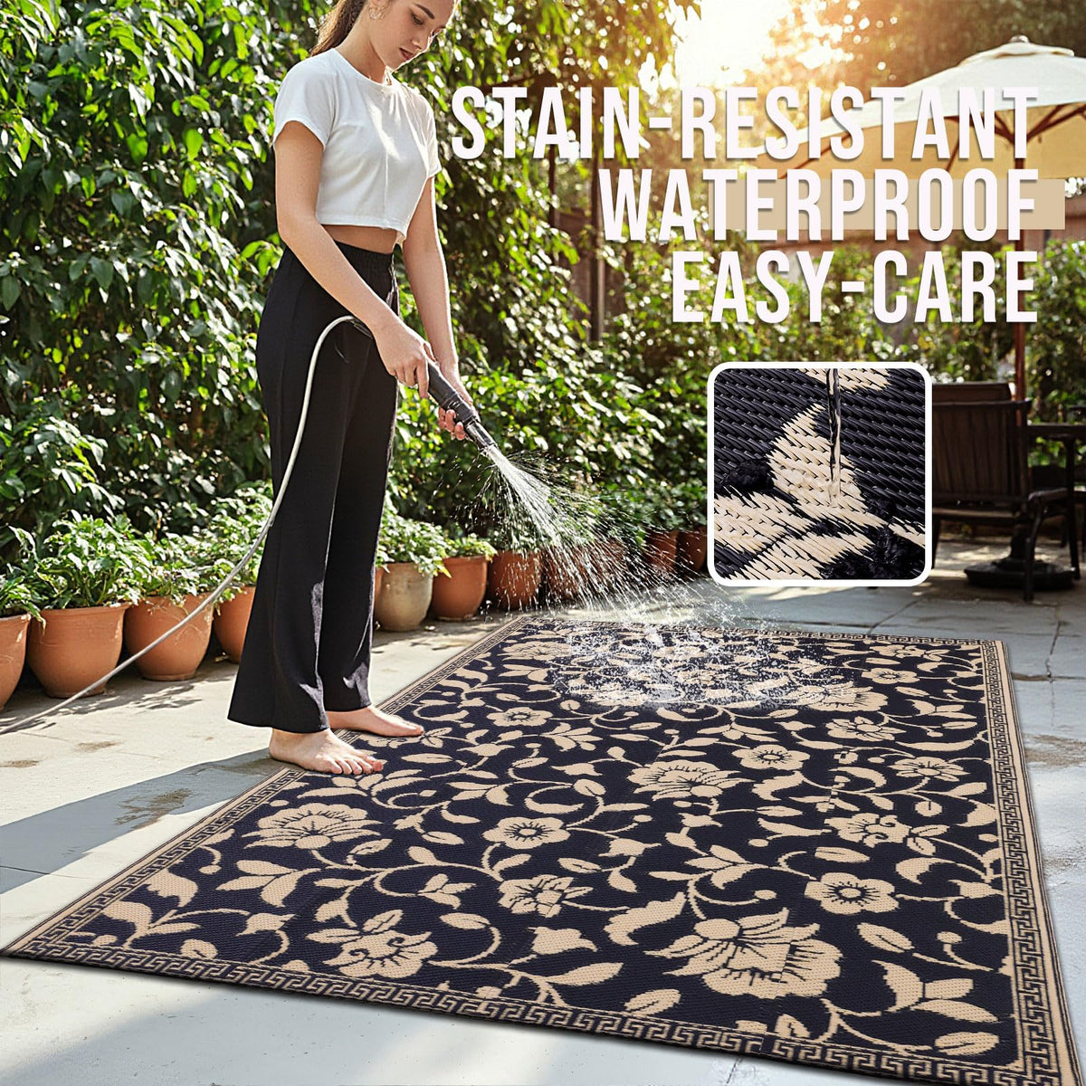 OLANLY reversible RV mat in black beige offers versatile patio styling.