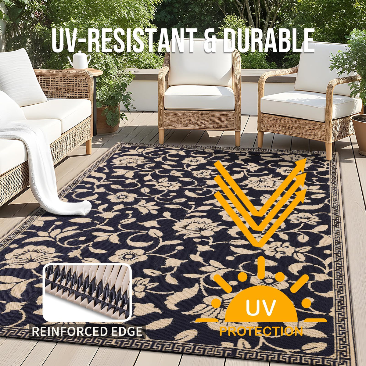 OLANLY soft underfoot rug provides comfortable lounging outdoors.