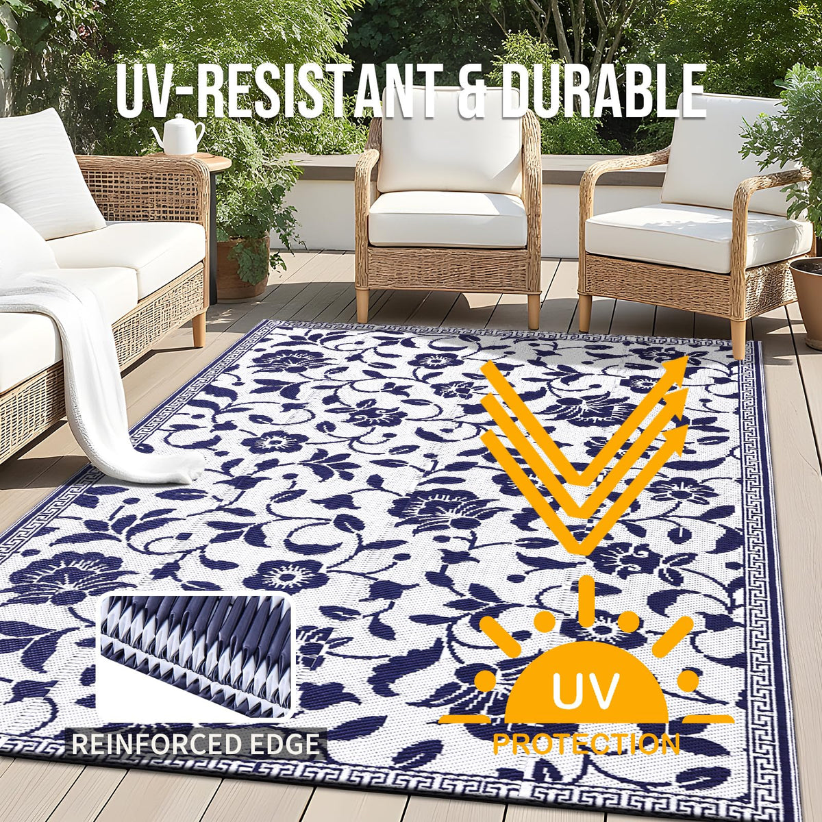 OLANLY UV-protected outdoor rug keeps colors vibrant under sun exposure on patios and campsites.