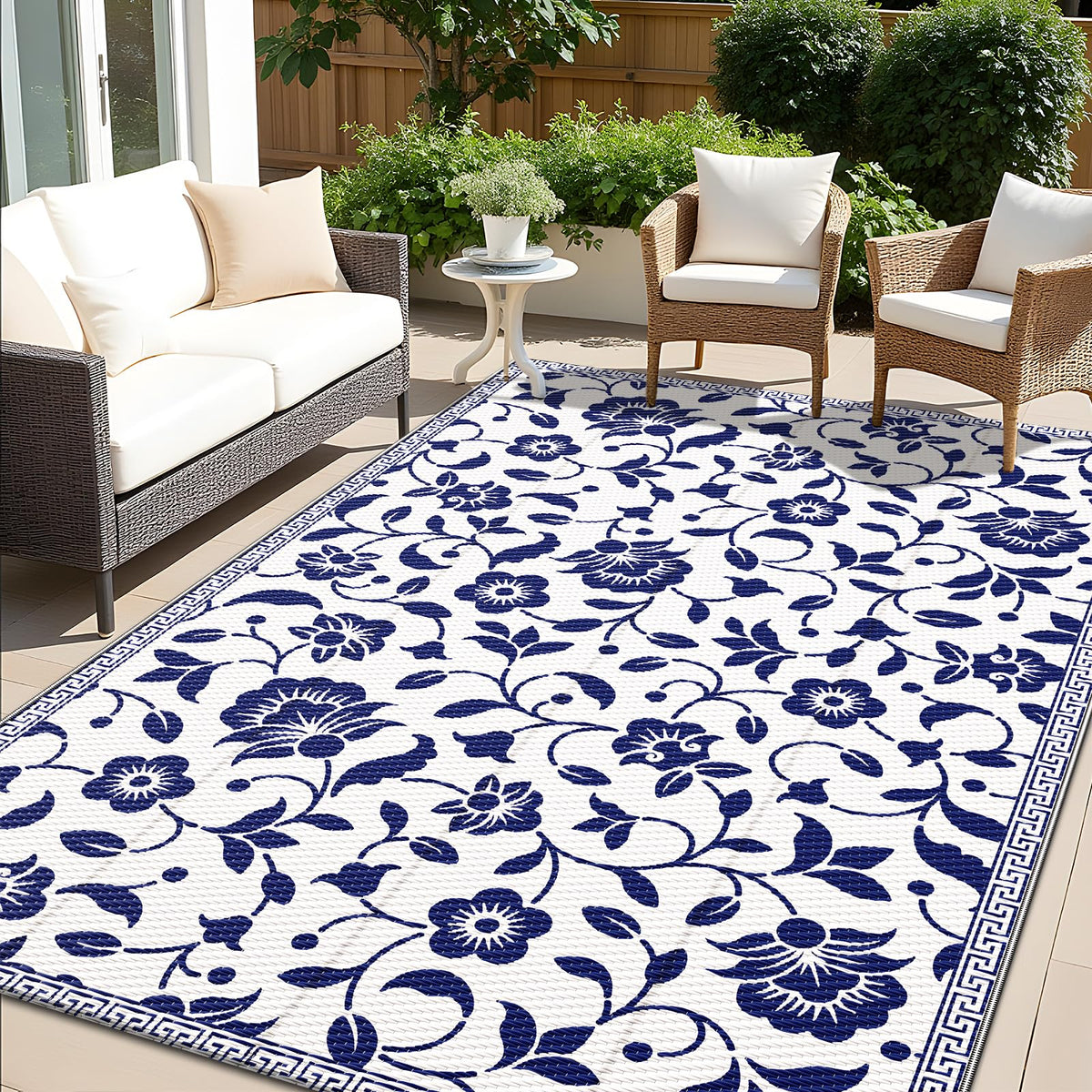 OLANLY waterproof outdoor rug 5x8 in navy and white floral pattern for durable patio style.