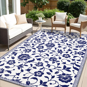 OLANLY waterproof outdoor rug 5x8 in navy and white floral pattern for durable patio style.