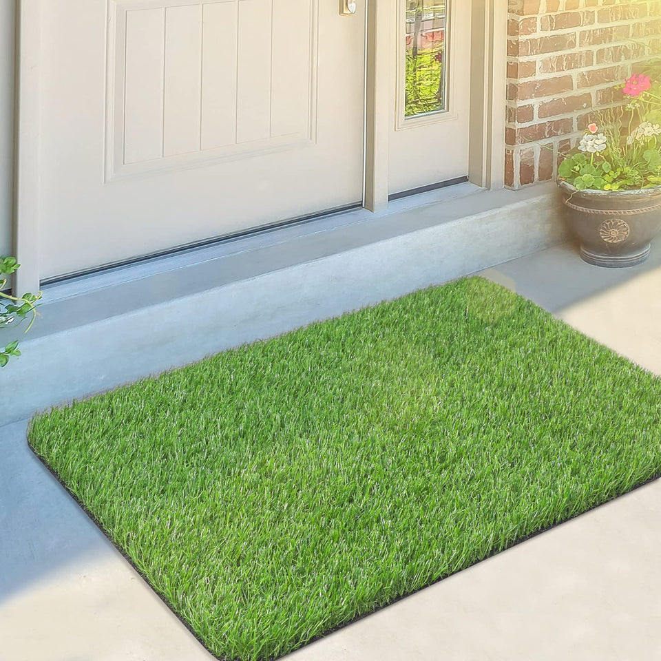 OLanto artificial grass door mat at the front entrance with non-slip bottom for safety