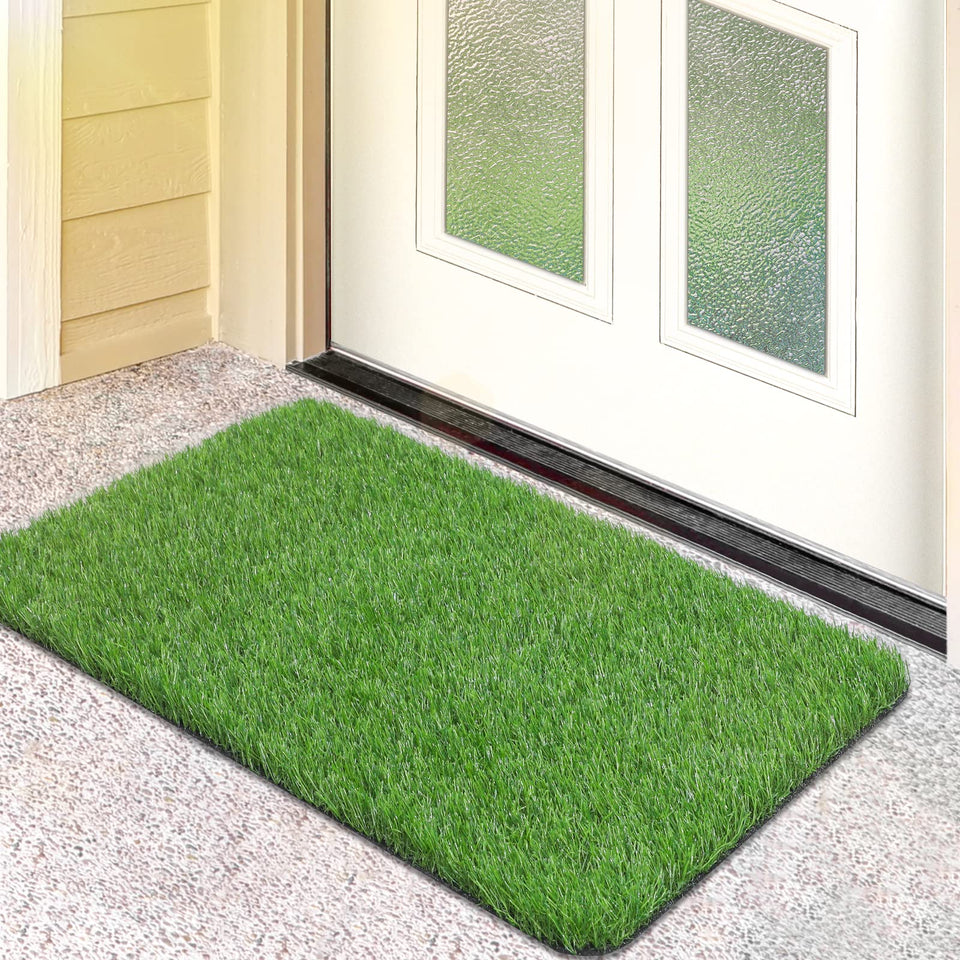 OLanto artificial grass door mat front view with lush texture welcoming guests at the entry