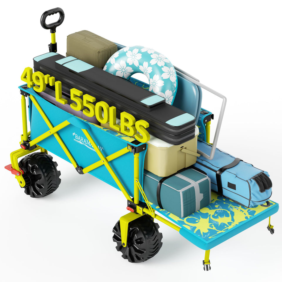 Old Bahama Bay beach wagon with brakes ensures safe sand transport.