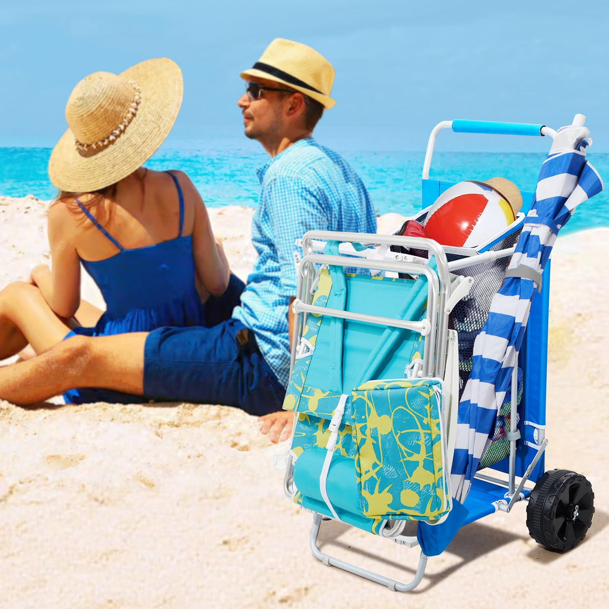 Old Bahama Bay cart with cup holders keeps beverages within reach on sand