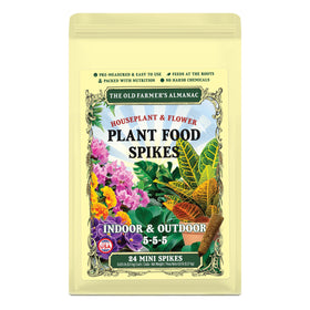 The Old Farmer's Almanac Mini Spikes packaging shows easy year-round plant feeding.