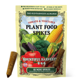 The Old Farmer's Almanac mini spike for tomatoes delivering root-zone nutrition.