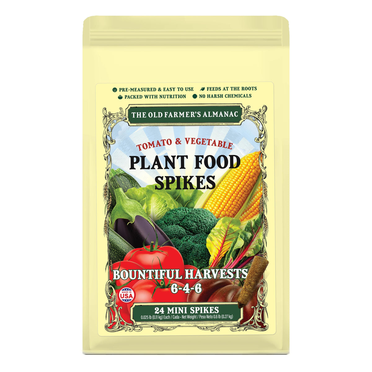 The Old Farmer's Almanac tomato spikes package promotes steady feeding for strong vines.