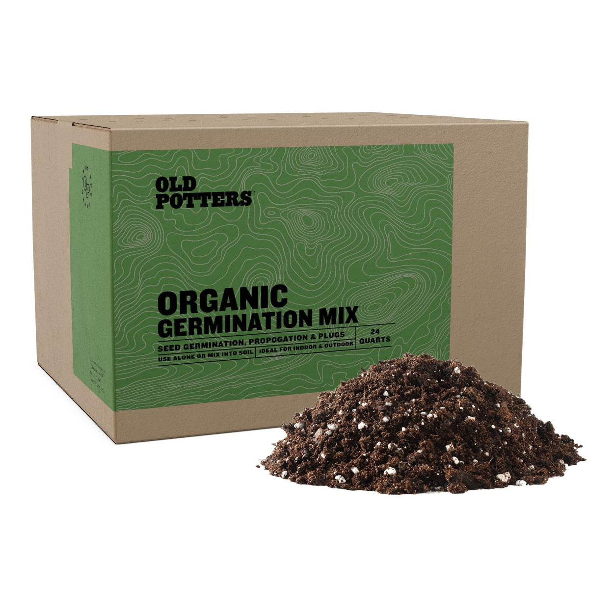 Old Potters Germination Mix packaging closeup highlighting balanced pH and premium blend for seed starting