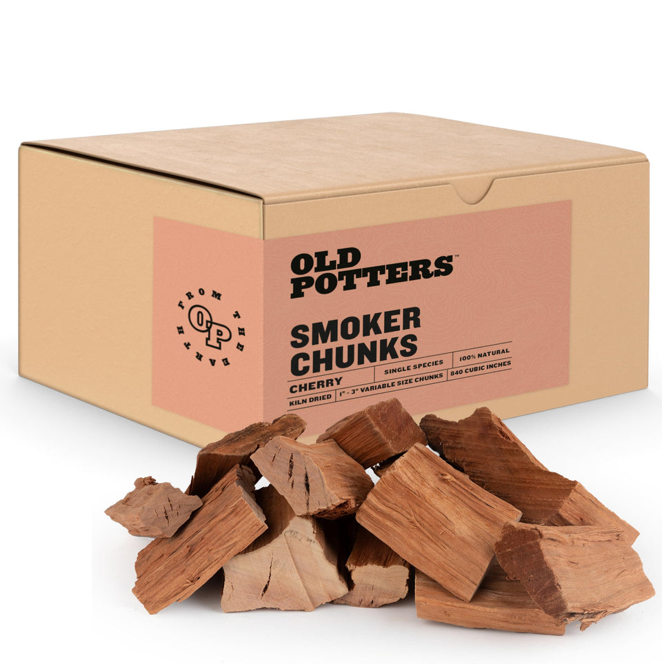 Old Potters cherry smoker chunks close-up for mild smoke flavor.