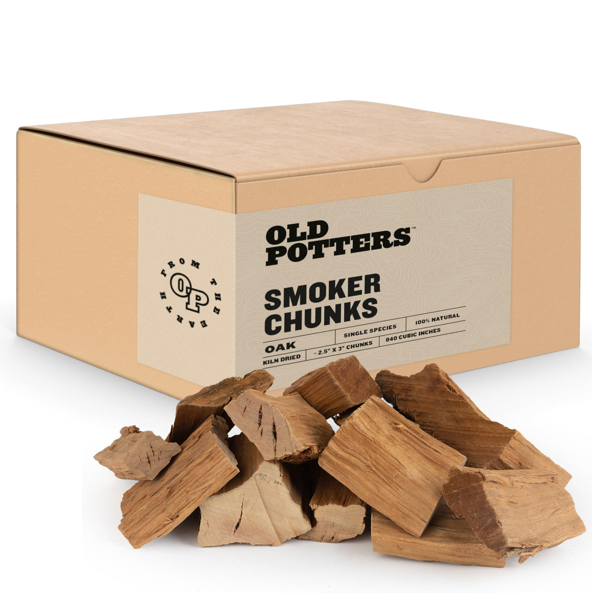 Old Potters smoker chunks oak, premium hardwood for versatile grilling and smoking.
