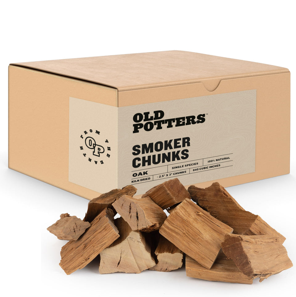 Old Potters smoker chunks oak, premium hardwood for versatile grilling and smoking.