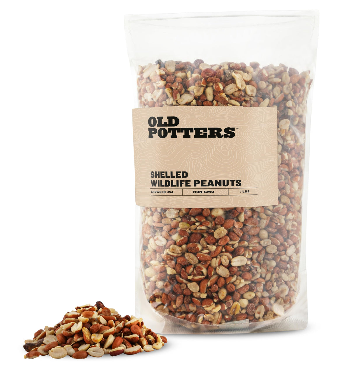Old Potters wildlife shelled peanuts 5 lb bag ready for backyard birds.