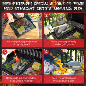 OLEEX non-stick BBQ bags on grill, keeping meat and veggies contained.