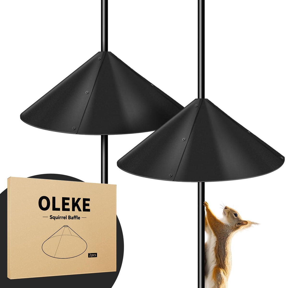 OLEKE squirrel baffle on a bird feeder pole protecting feeders from raids.
