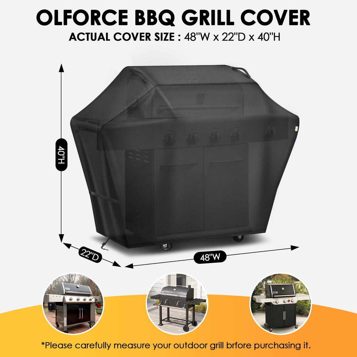 Olforce grill cover 48-inch side view showcases weather resistance and durability