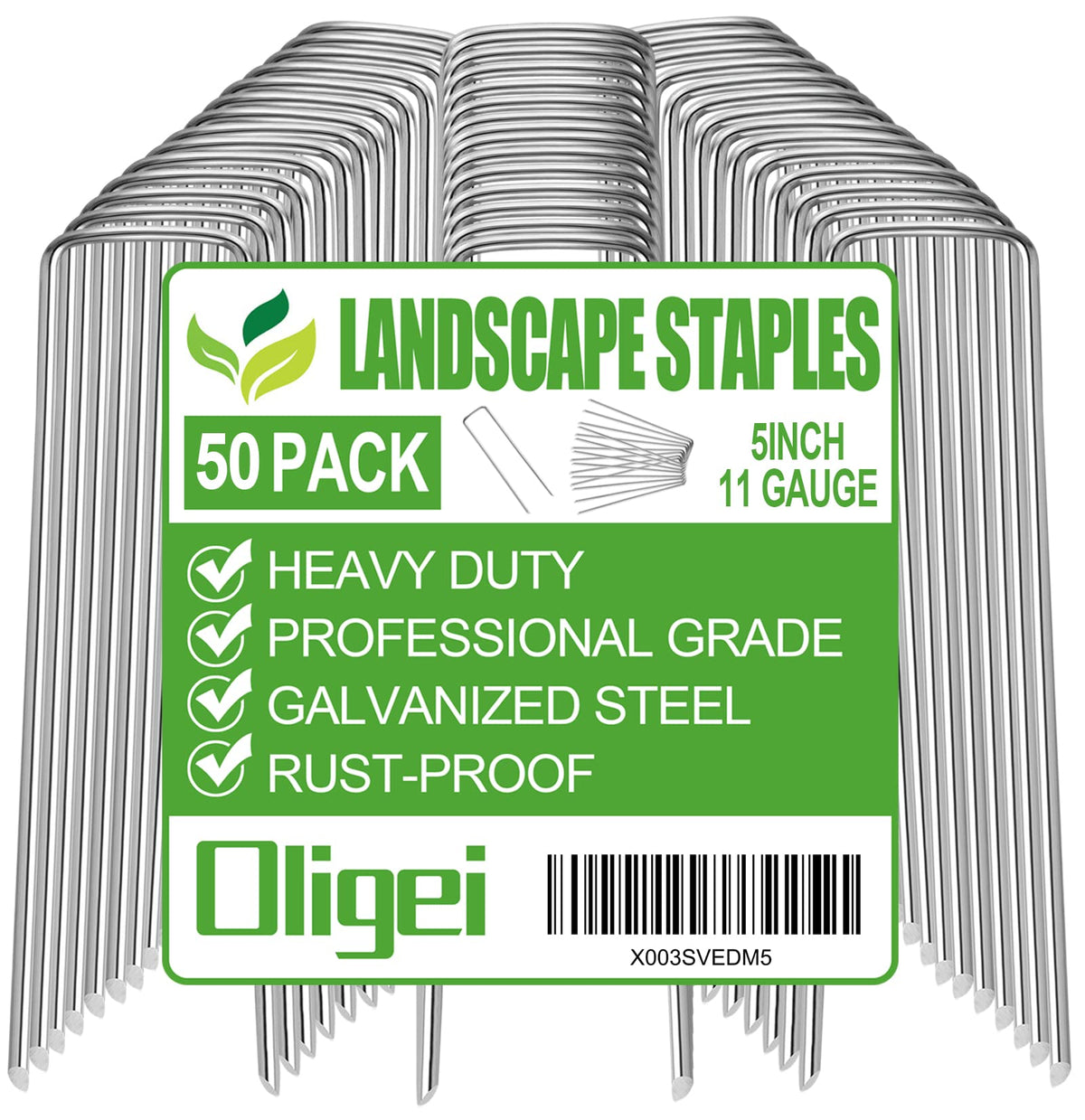 Oligei 50-pack garden stakes with U-shape for secure ground anchoring.
