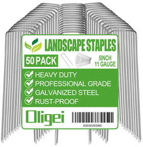 Oligei 50-pack garden stakes with U-shape for secure ground anchoring.
